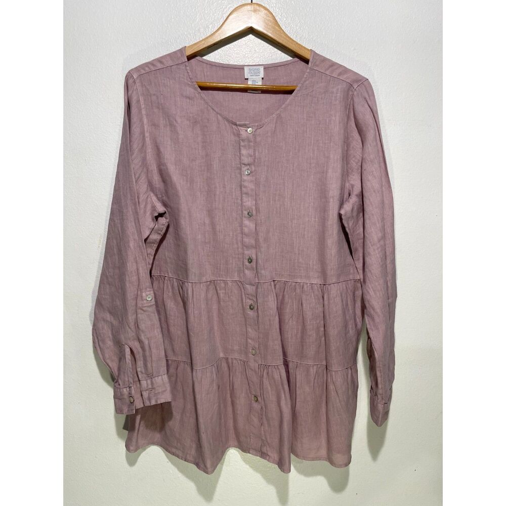 Sigrid Olsen linen button up shirt layered lagenlook summer dusty pink women XL